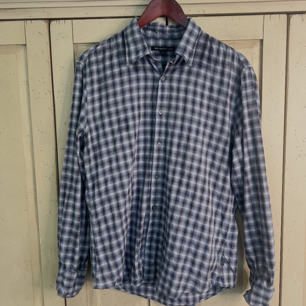 John Varvatos Plaid Button Down Shirt, Blue Grey Cream, Size Small